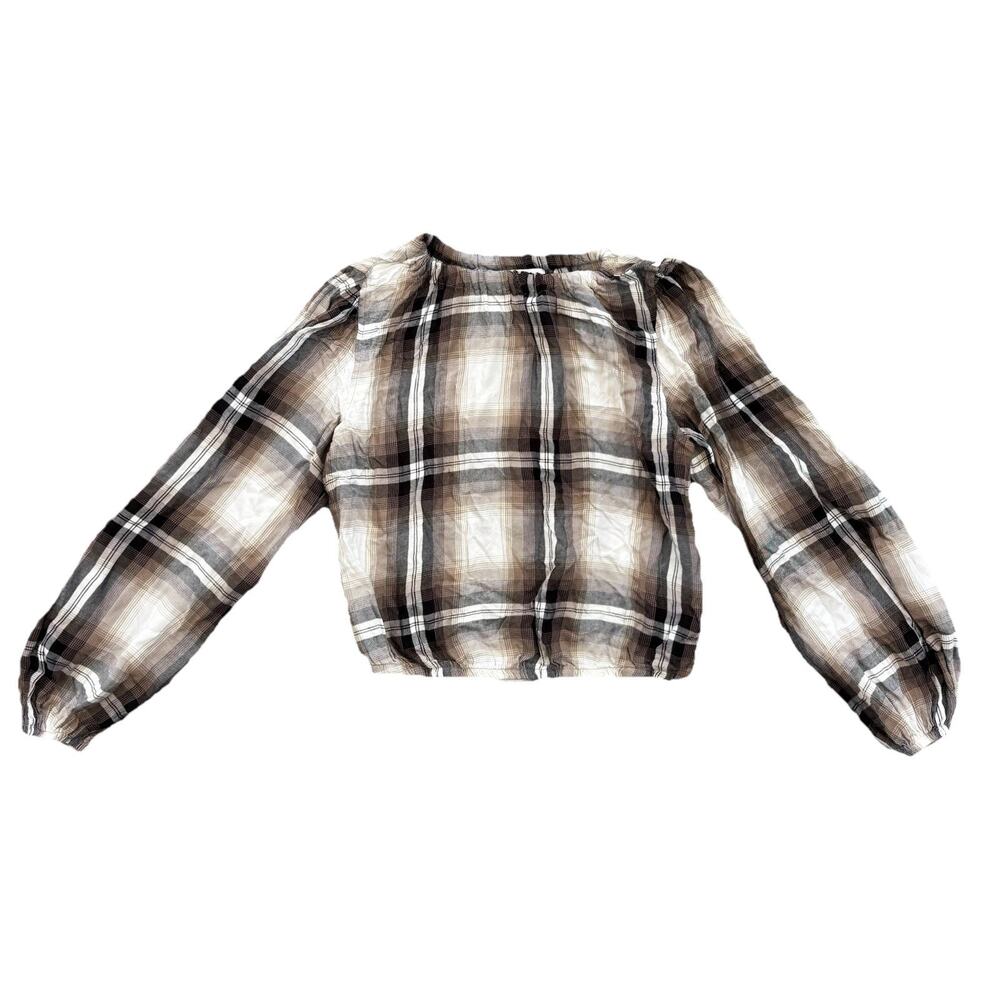 Bella Dahl Brown Checkered Neutral Flannel Peasant Crop Size Small